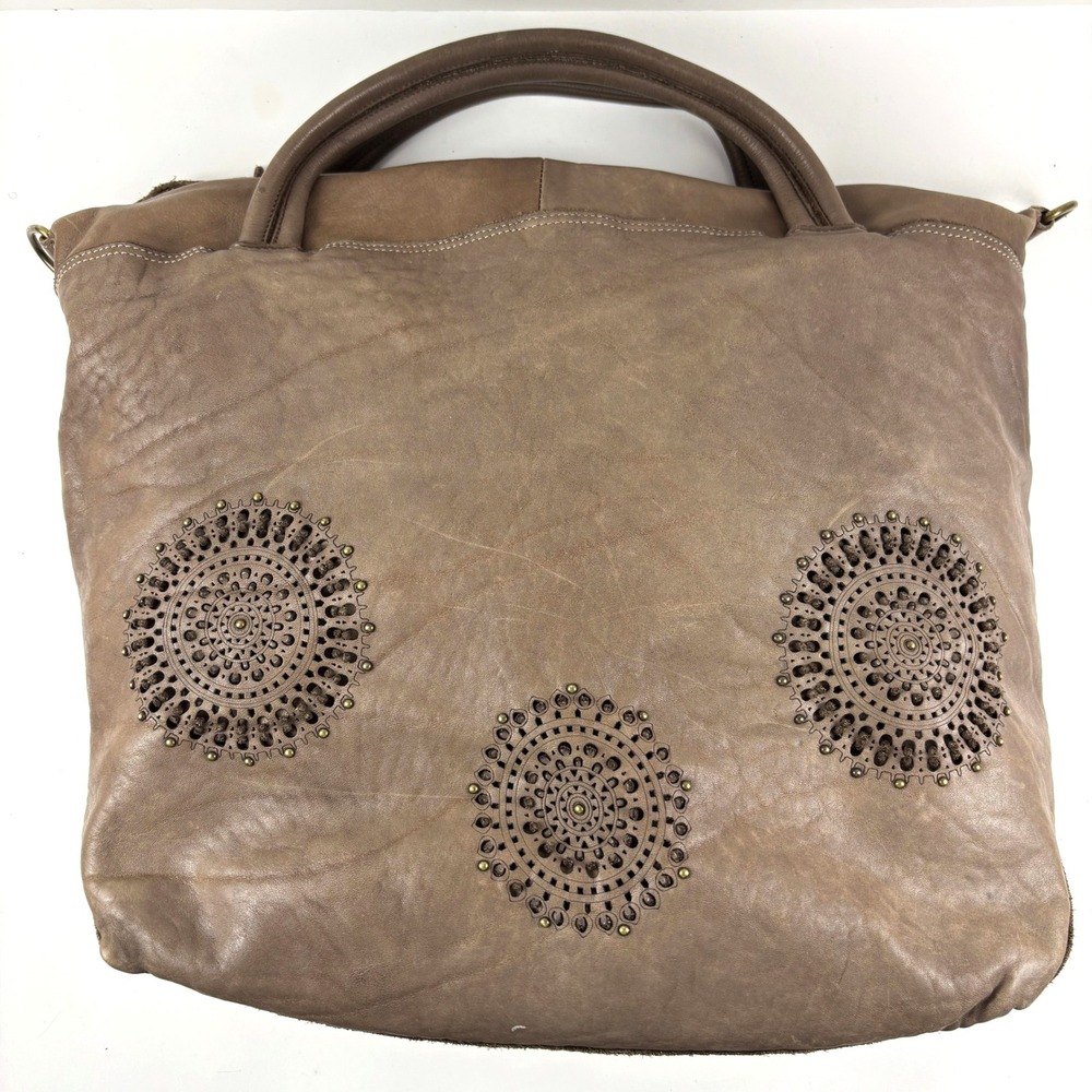 Errelleventidue Leather Tote Women Large Taupe Laser Cut Mandala Made in‎ Italy